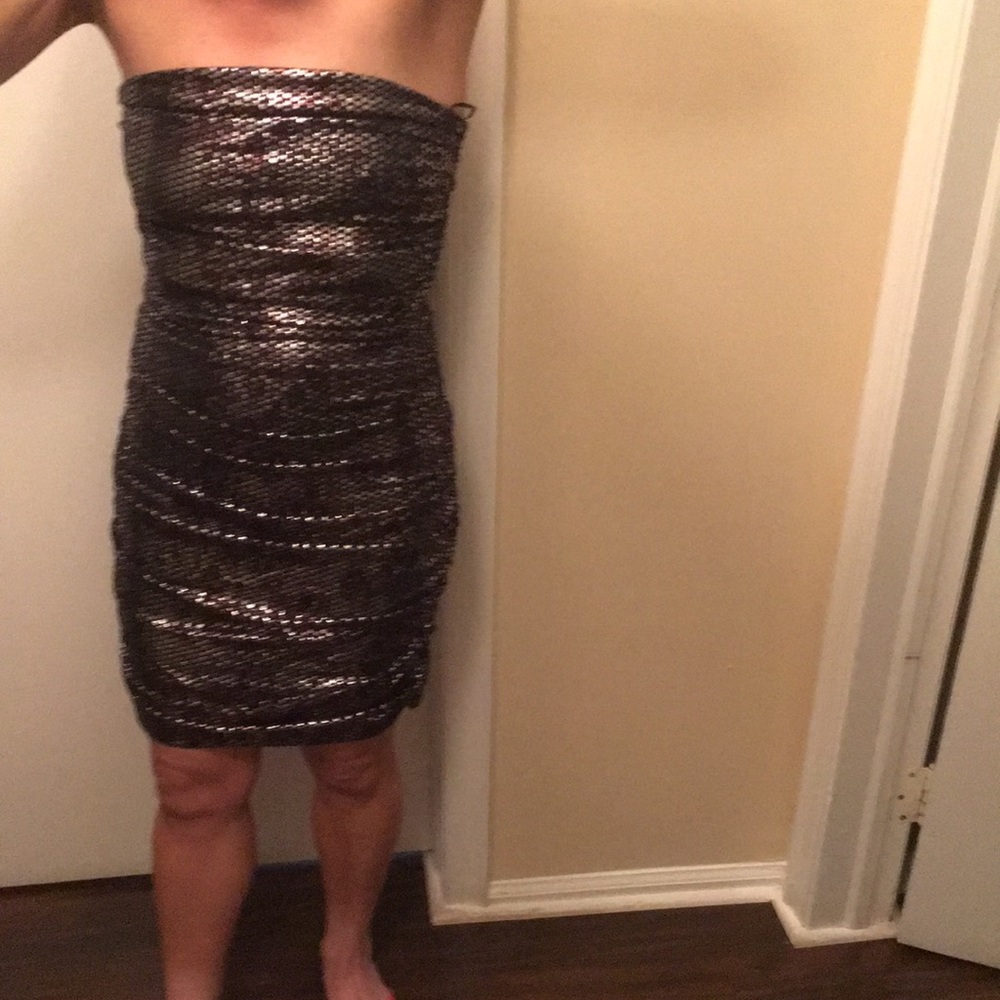 Express metallic strapless ruched dress